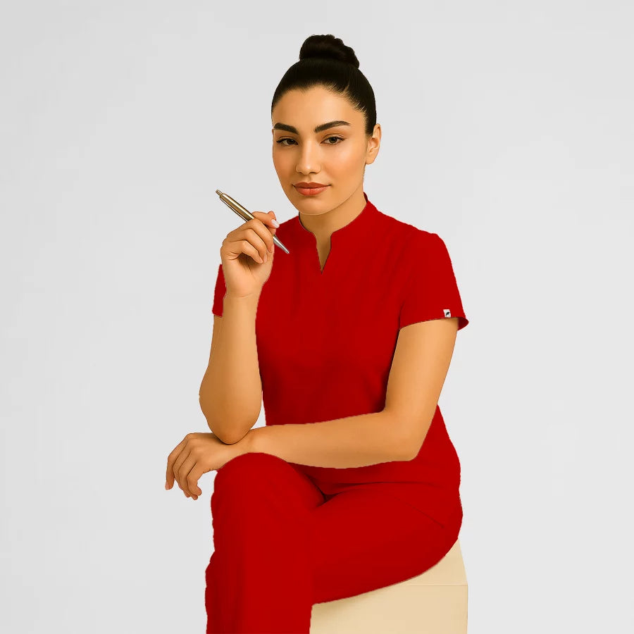 Photo de Pyjama de Bloc Femme - Col Officier Stretch – confort, broderie et style professionnel. FIGS.ma | Scrubs Maroc.