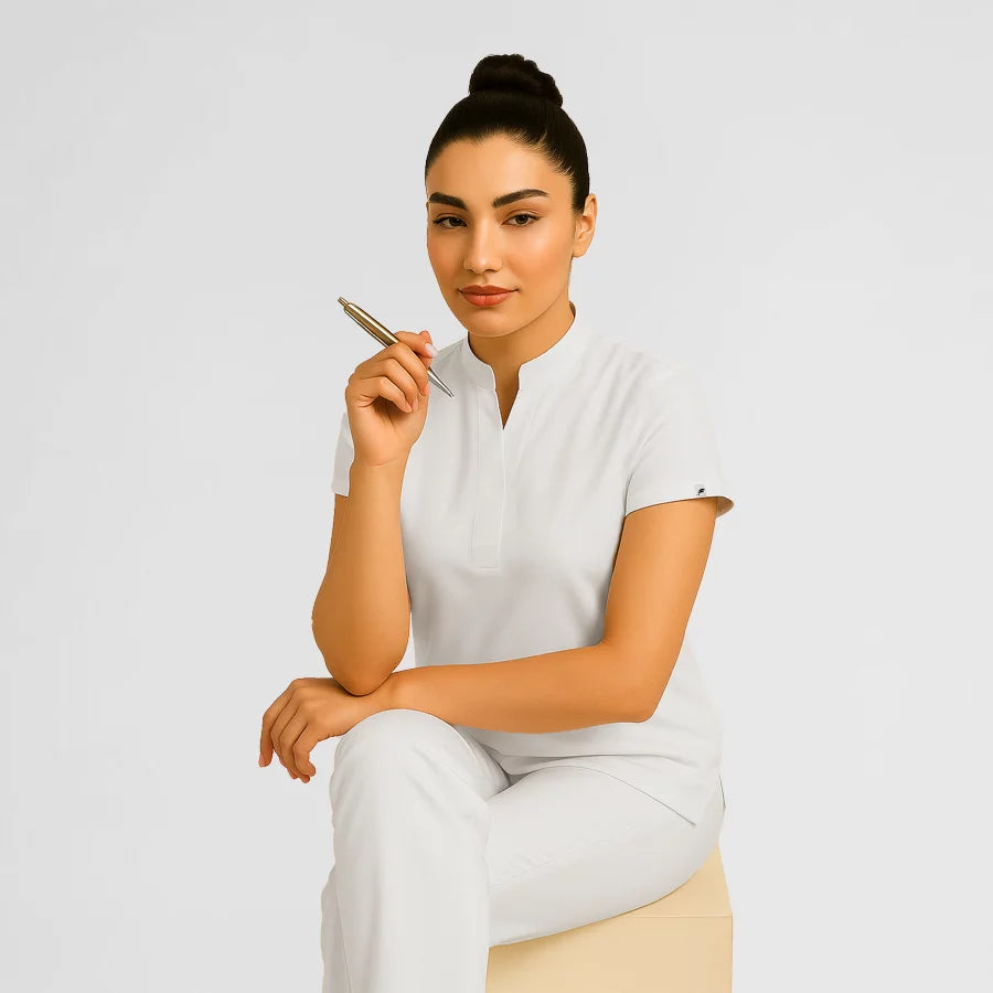 Photo de Pyjama de Bloc Femme - Col Officier Stretch – confort, broderie et style professionnel. FIGS.ma | Scrubs Maroc.