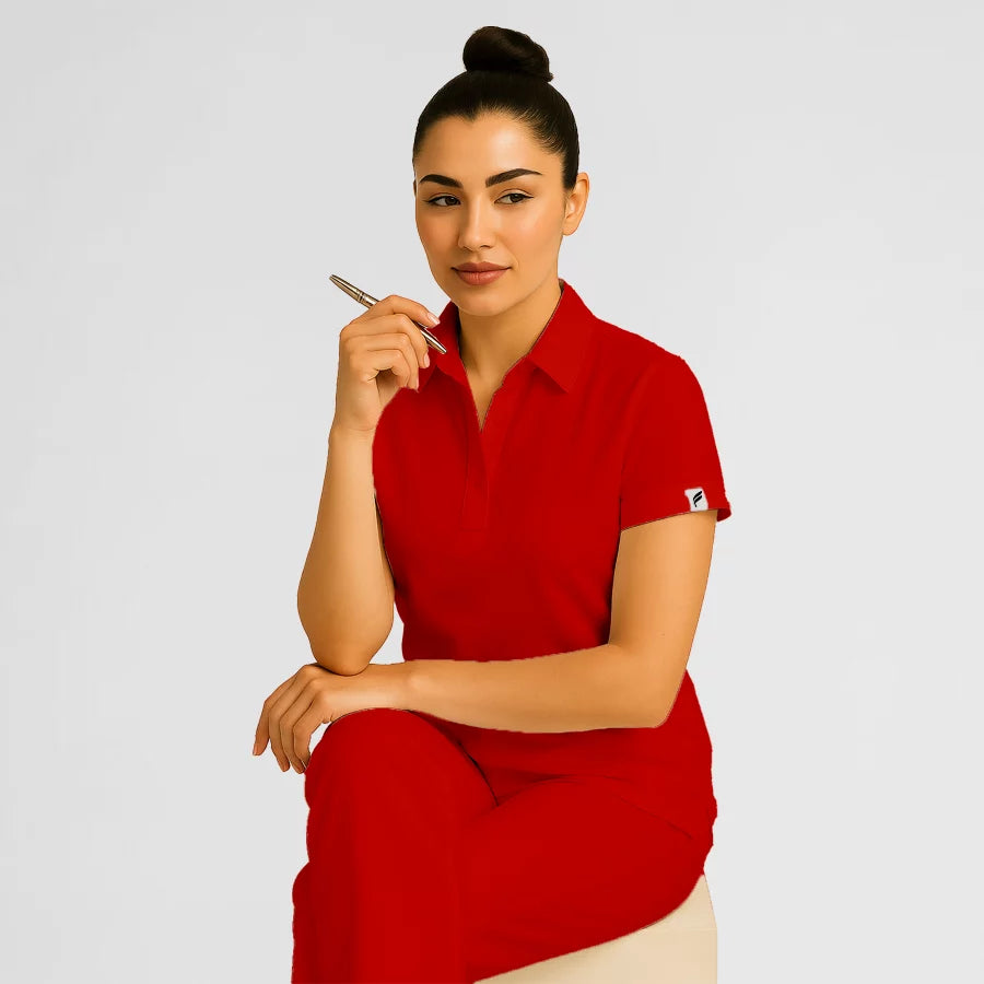 Pyjama de Bloc Femme - Col Chemise Stretch porté par une professionnelle de santé | FIGS.ma – Scrubs confortables et modernes au Maroc