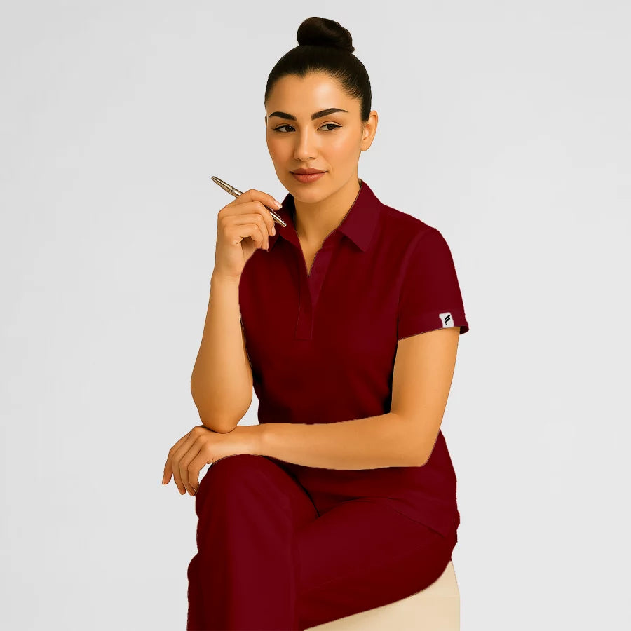 Pyjama de Bloc Femme - Col Chemise Stretch porté par une professionnelle de santé | FIGS.ma – Scrubs confortables et modernes au Maroc