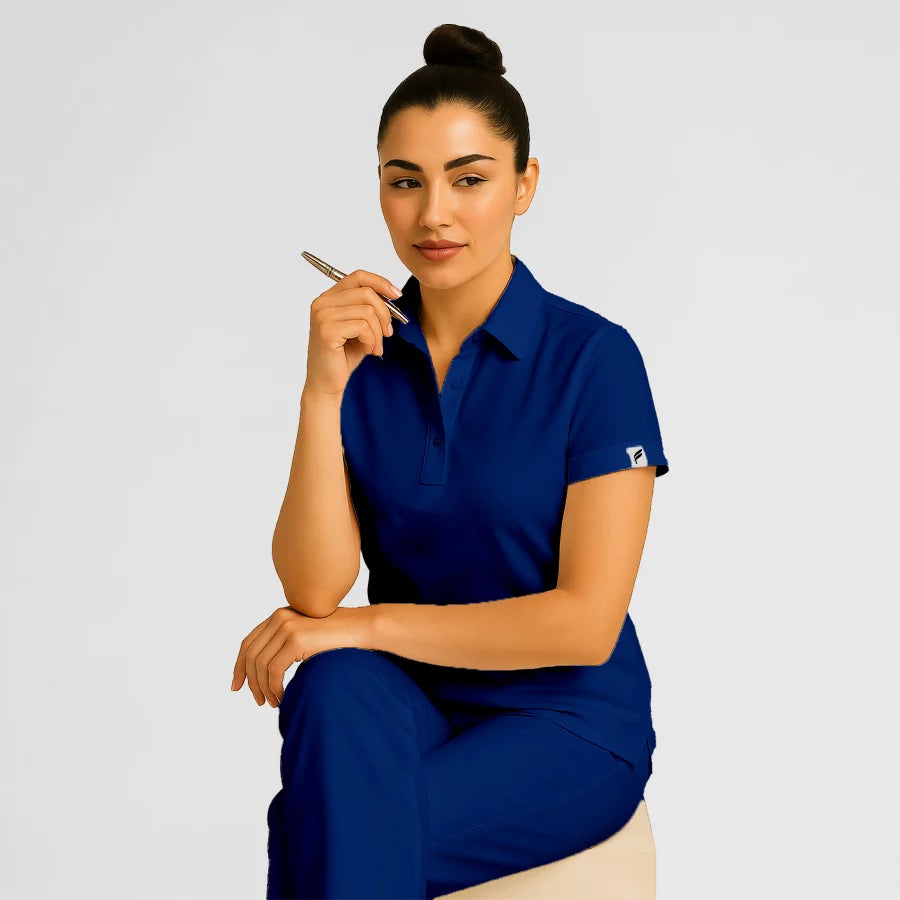 Pyjama de Bloc Femme - Col Chemise Stretch porté par une professionnelle de santé | FIGS.ma – Scrubs confortables et modernes au Maroc