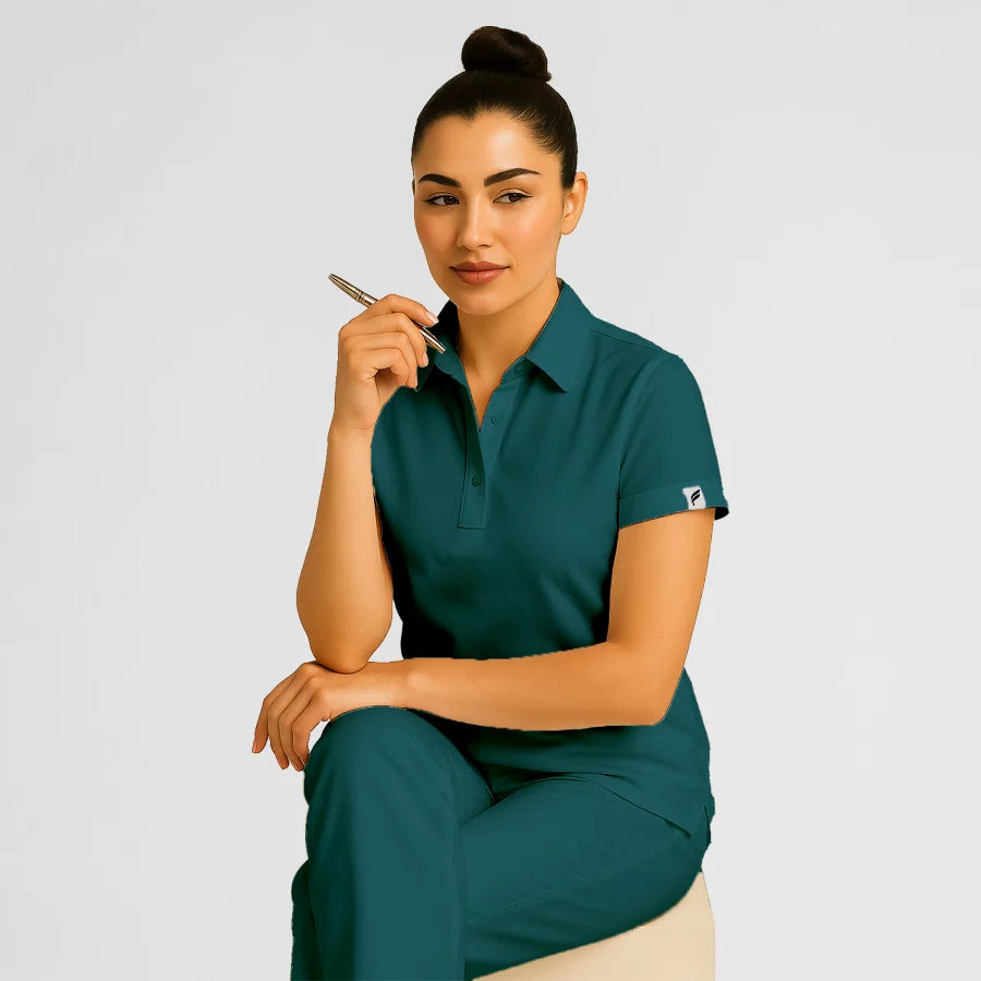 Pyjama de Bloc Femme - Col Chemise Stretch porté par une professionnelle de santé | FIGS.ma – Scrubs confortables et modernes au Maroc