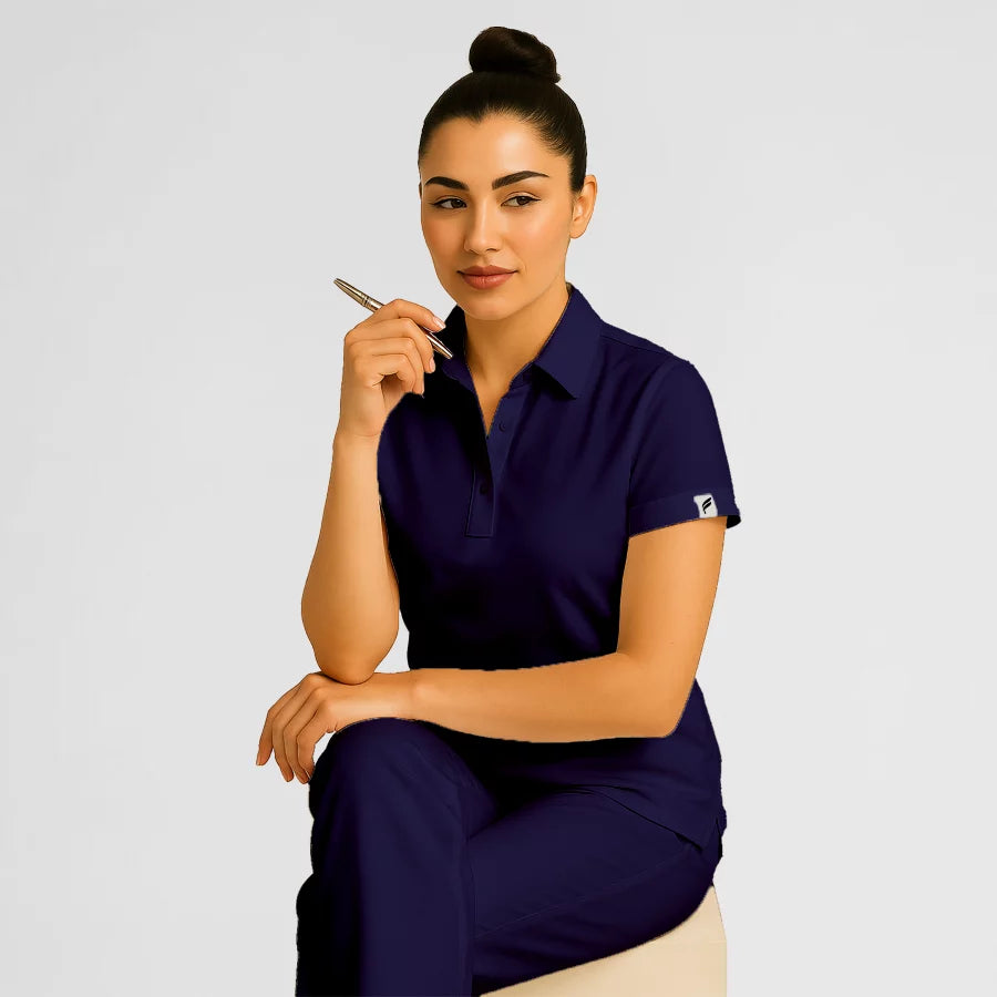 Pyjama de Bloc Femme - Col Chemise Stretch porté par une professionnelle de santé | FIGS.ma – Scrubs confortables et modernes au Maroc