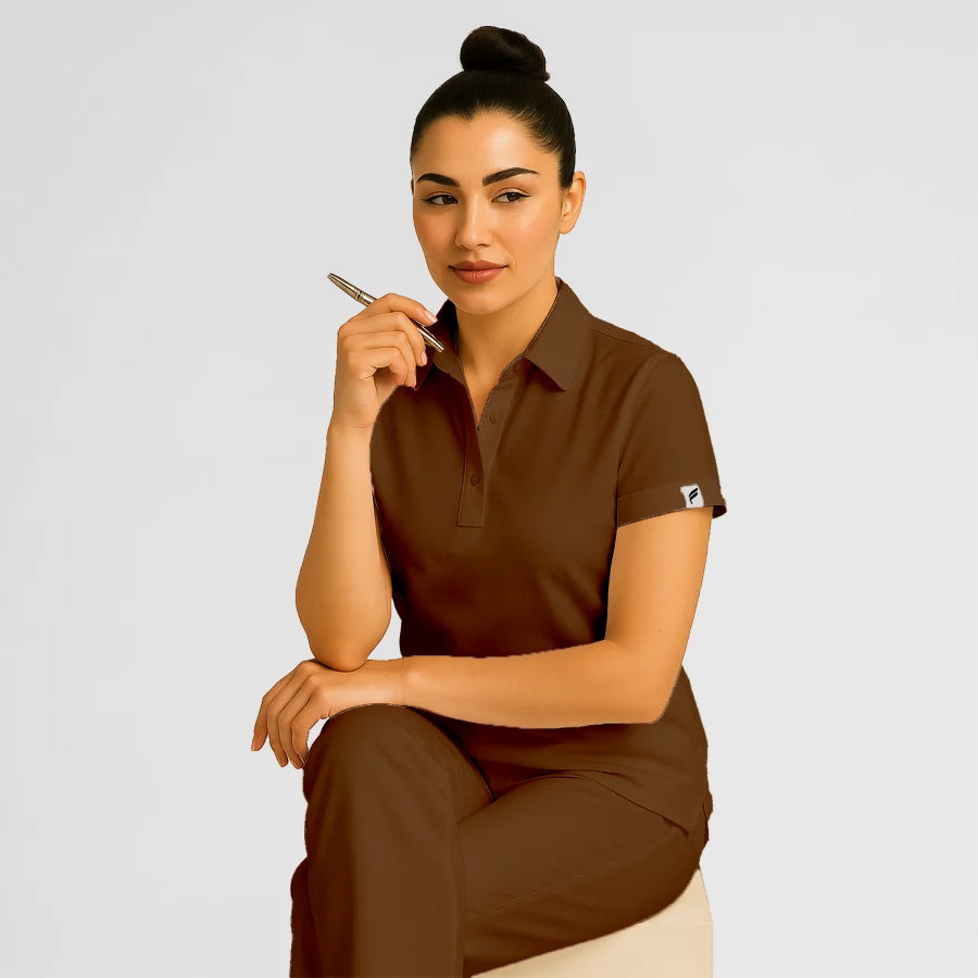 Pyjama de Bloc Femme - Col Chemise Stretch porté par une professionnelle de santé | FIGS.ma – Scrubs confortables et modernes au Maroc