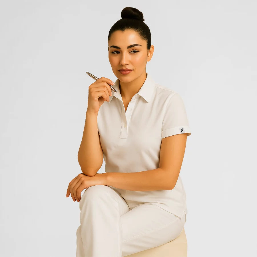 Pyjama de Bloc Femme - Col Chemise Stretch porté par une professionnelle de santé | FIGS.ma – Scrubs confortables et modernes au Maroc