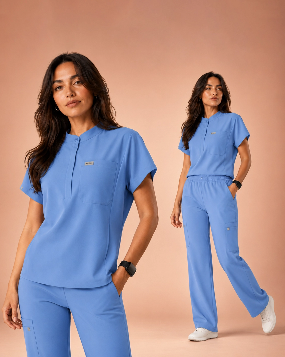 Pyjama médical femme col officier loose fit – coloris Sky Blue au Maroc – vue de face – FIGS.ma