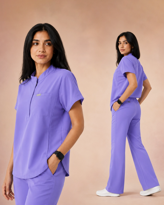 Pyjama médical femme col officier loose fit – coloris Lavande au Maroc – vue de face – FIGS.ma